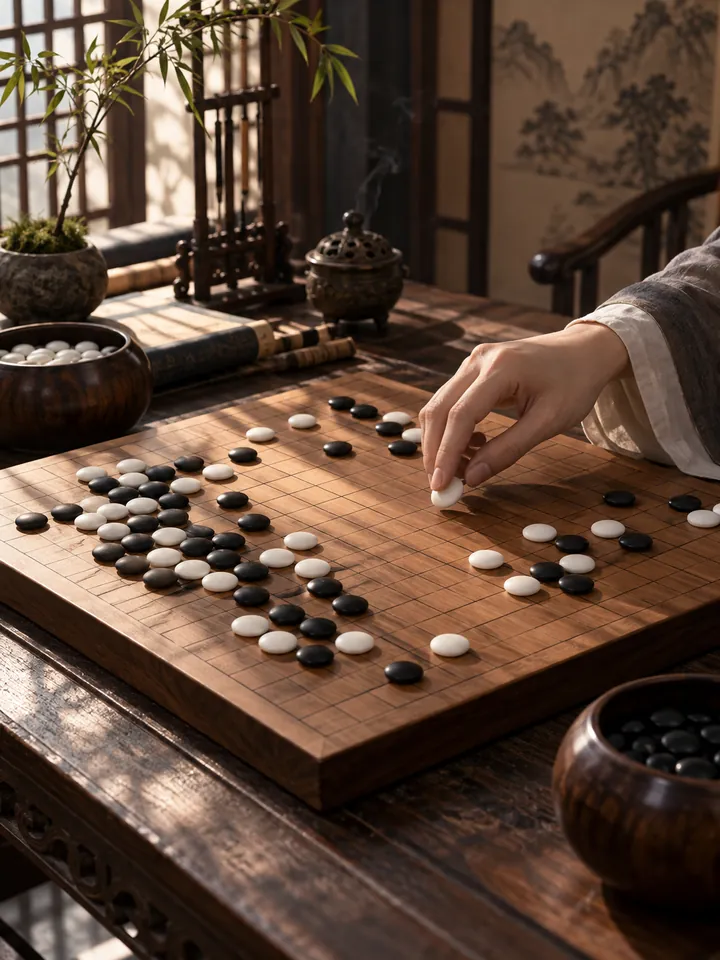 木质棋盘上的黑白围棋与落子之手