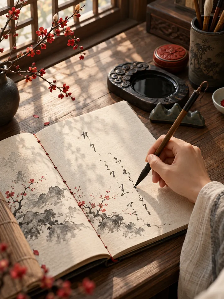 笔墨纸砚与正在书写的手