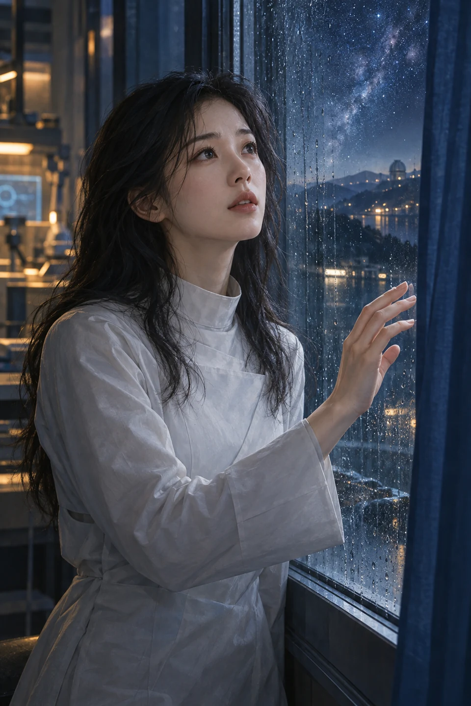 林晚人物插画:长发、白色实验服,在窗光中流露温柔与好奇。