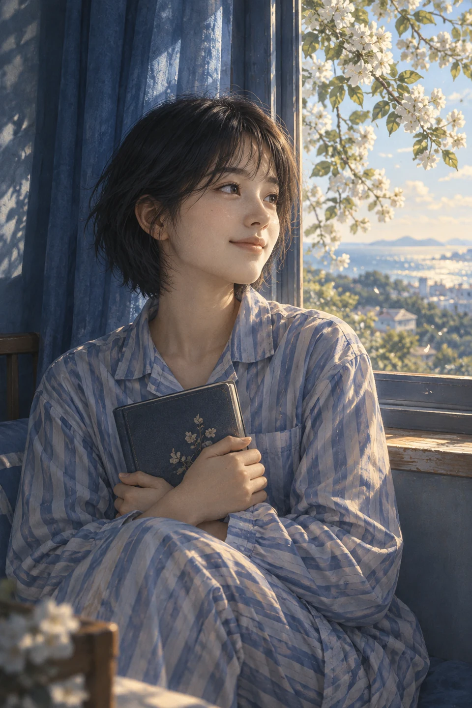 苏也人物插画:短发少女抱着诗本,望向蓝帘窗外。