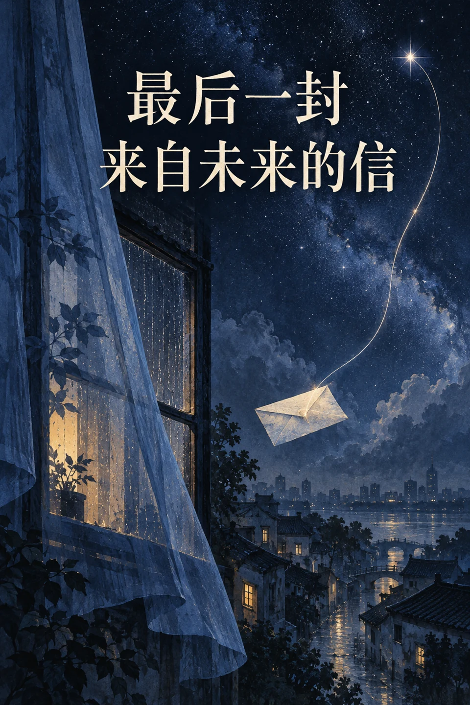 《最后一封来自未来的信》封面：蓝帘窗光、夜空与一封信