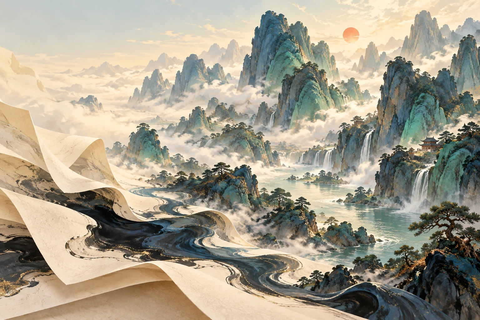 封面意象插画：墨色与纸页化作青绿山峦，云雾在山间流动。