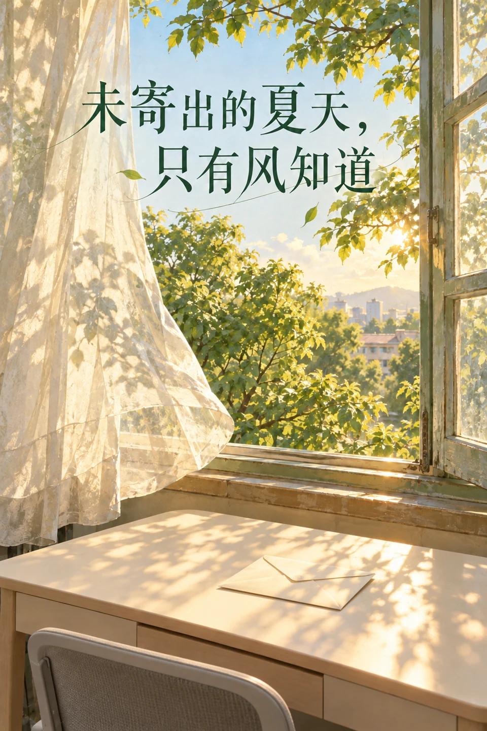 《未寄出的夏天，只有风知道》封面：夏日窗光、被风吹起的薄帘与现代书桌上的信。